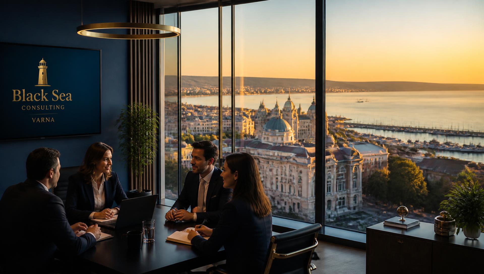 Consultants meeting in a modern Varna office overlooking the Black Sea